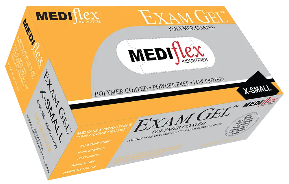 Box of MEDIflex Exam Gel extra small gloves on a white background